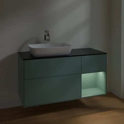 Bild von VILLEROY BOCH Finion Waschbeckenunterschrank, mit Beleuchtung, 3 Auszüge, 1200 x 603 x 501 mm, Olive Matt Lacquer / Olive Matt Lacquer / Glass Black Matt #F812GMGM