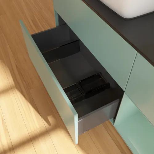 Bild von VILLEROY BOCH Finion Waschbeckenunterschrank, mit Beleuchtung, 3 Auszüge, 1200 x 603 x 501 mm, Olive Matt Lacquer / Olive Matt Lacquer / Glass Black Matt #F812GMGM