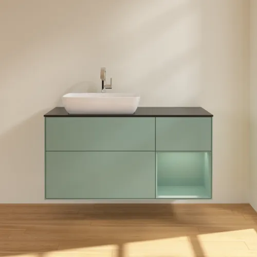 Bild von VILLEROY BOCH Finion Waschbeckenunterschrank, mit Beleuchtung, 3 Auszüge, 1200 x 603 x 501 mm, Olive Matt Lacquer / Olive Matt Lacquer / Glass Black Matt #F812GMGM
