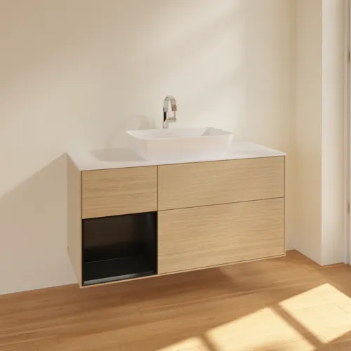 VILLEROY BOCH Finion Waschbeckenunterschrank, mit Beleuchtung, 3 Auszüge, 1200 x 603 x 501 mm, Oak Veneer / Black Matt Lacquer / Glass White Matt #F821PDPC, Bild 2