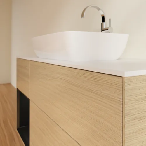 VILLEROY BOCH Finion Waschbeckenunterschrank, mit Beleuchtung, 3 Auszüge, 1200 x 603 x 501 mm, Oak Veneer / Black Matt Lacquer / Glass White Matt #F821PDPC, Bild 6