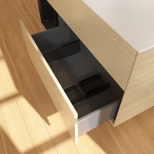 VILLEROY BOCH Finion Waschbeckenunterschrank, mit Beleuchtung, 3 Auszüge, 1200 x 603 x 501 mm, Oak Veneer / Black Matt Lacquer / Glass White Matt #F821PDPC, Bild 7