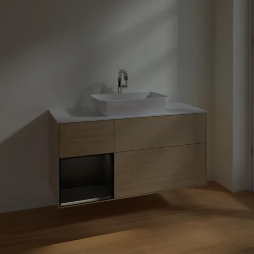 VILLEROY BOCH Finion Waschbeckenunterschrank, mit Beleuchtung, 3 Auszüge, 1200 x 603 x 501 mm, Oak Veneer / Black Matt Lacquer / Glass White Matt #F821PDPC, Bild 5