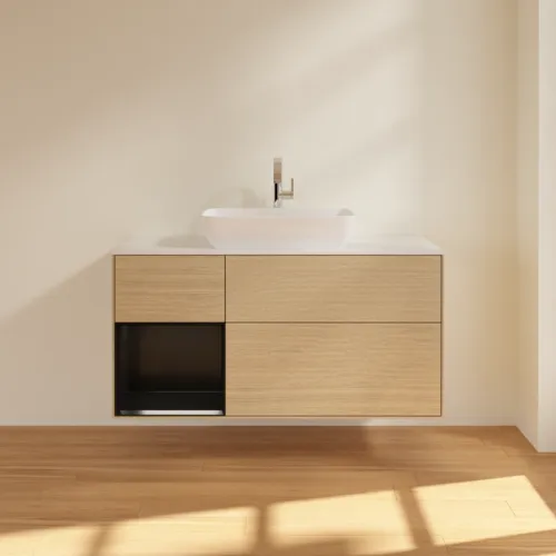 VILLEROY BOCH Finion Waschbeckenunterschrank, mit Beleuchtung, 3 Auszüge, 1200 x 603 x 501 mm, Oak Veneer / Black Matt Lacquer / Glass White Matt #F821PDPC, Bild 3