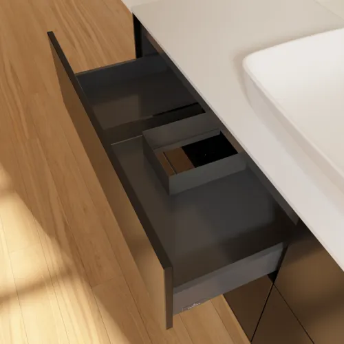 Bild von VILLEROY BOCH Finion Waschbeckenunterschrank, 4 Auszüge, 1600 x 603 x 501 mm, Black Matt Lacquer / Glass White Matt #F85100PD