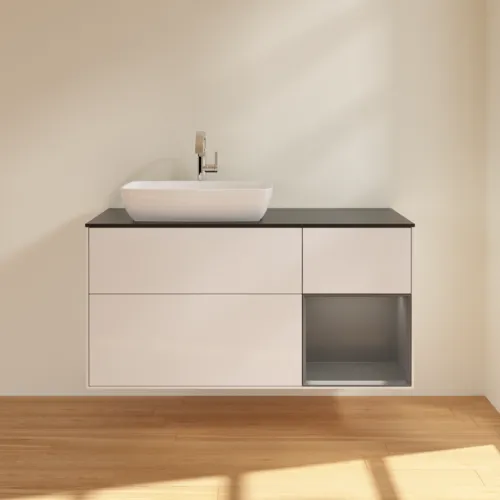 VILLEROY BOCH Finion Waschbeckenunterschrank, mit Beleuchtung, 3 Auszüge, 1200 x 603 x 501 mm, Glossy White Lacquer / Anthracite Matt Lacquer / Glass Black Matt #F812GKGF, Bild 3