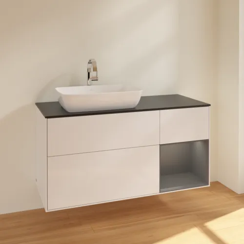 VILLEROY BOCH Finion Waschbeckenunterschrank, mit Beleuchtung, 3 Auszüge, 1200 x 603 x 501 mm, Glossy White Lacquer / Anthracite Matt Lacquer / Glass Black Matt #F812GKGF, Bild 2