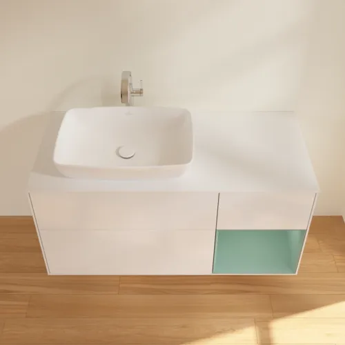 Bild von VILLEROY BOCH Finion Waschbeckenunterschrank, mit Beleuchtung, 3 Auszüge, 1200 x 603 x 501 mm, Glossy White Lacquer / Olive Matt Lacquer / Glass White Matt #F811GMGF