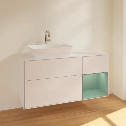 Bild von VILLEROY BOCH Finion Waschbeckenunterschrank, mit Beleuchtung, 3 Auszüge, 1200 x 603 x 501 mm, Glossy White Lacquer / Olive Matt Lacquer / Glass White Matt #F811GMGF