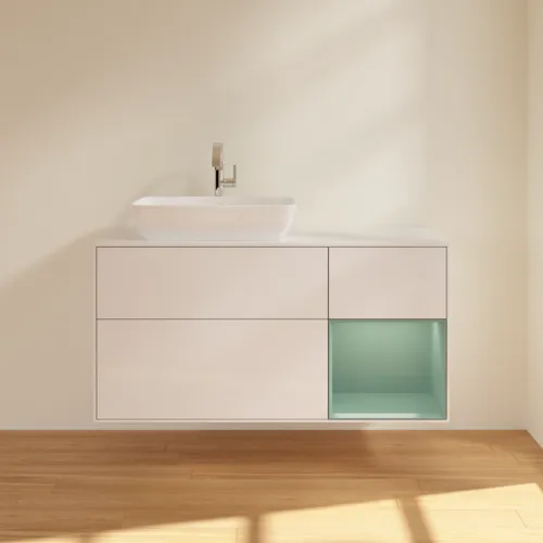 Bild von VILLEROY BOCH Finion Waschbeckenunterschrank, mit Beleuchtung, 3 Auszüge, 1200 x 603 x 501 mm, Glossy White Lacquer / Olive Matt Lacquer / Glass White Matt #F811GMGF