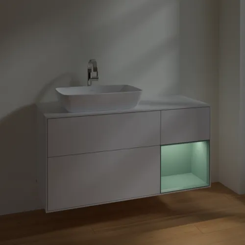 Bild von VILLEROY BOCH Finion Waschbeckenunterschrank, mit Beleuchtung, 3 Auszüge, 1200 x 603 x 501 mm, Glossy White Lacquer / Olive Matt Lacquer / Glass White Matt #F811GMGF