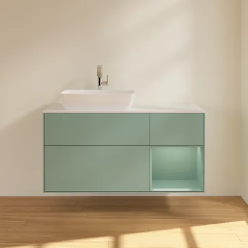 Obrázek VILLEROY BOCH Toaletní skříňka Finion, s osvětlením, 3 výsuvy, 1200 x 603 x 501 mm, olivově matný lak / olivově matný lak / sklo bílé matné #F811GMGM
