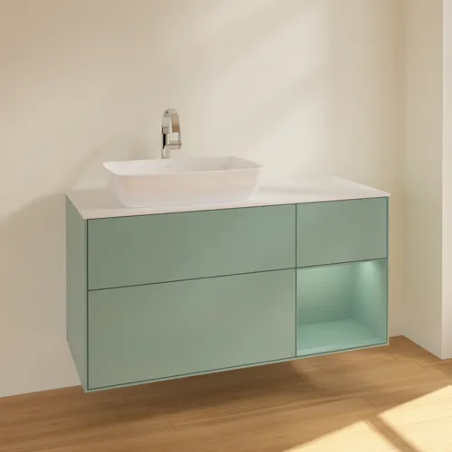 Obrázek VILLEROY BOCH Toaletní skříňka Finion, s osvětlením, 3 výsuvy, 1200 x 603 x 501 mm, olivově matný lak / olivově matný lak / sklo bílé matné #F811GMGM