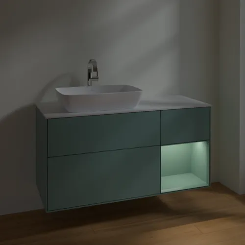 Obrázek VILLEROY BOCH Toaletní skříňka Finion, s osvětlením, 3 výsuvy, 1200 x 603 x 501 mm, olivově matný lak / olivově matný lak / sklo bílé matné #F811GMGM