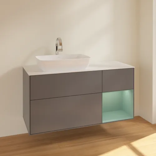 VILLEROY BOCH Finion Waschbeckenunterschrank, mit Beleuchtung, 3 Auszüge, 1200 x 603 x 501 mm, Anthracite Matt Lacquer / Olive Matt Lacquer / Glass White Matt #F811GMGK, Bild 2