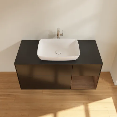 Bild von VILLEROY BOCH Finion Waschbeckenunterschrank, mit Beleuchtung, 3 Auszüge, 1200 x 603 x 501 mm, Black Matt Lacquer / Walnut Veneer / Glass Black Matt #F832GNPD