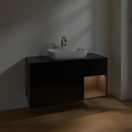 Bild von VILLEROY BOCH Finion Waschbeckenunterschrank, mit Beleuchtung, 3 Auszüge, 1200 x 603 x 501 mm, Black Matt Lacquer / Walnut Veneer / Glass Black Matt #F832GNPD