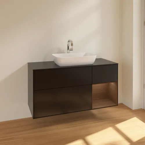 Bild von VILLEROY BOCH Finion Waschbeckenunterschrank, mit Beleuchtung, 3 Auszüge, 1200 x 603 x 501 mm, Black Matt Lacquer / Walnut Veneer / Glass Black Matt #F832GNPD