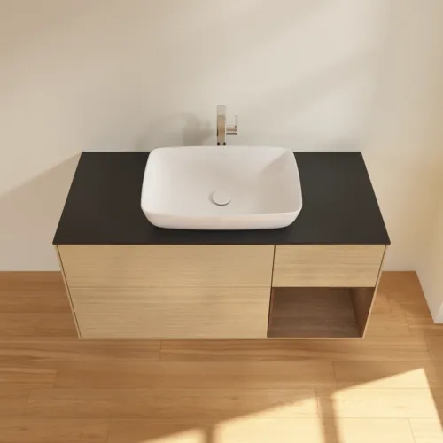 Bild von VILLEROY BOCH Finion Waschbeckenunterschrank, mit Beleuchtung, 3 Auszüge, 1200 x 603 x 501 mm, Oak Veneer / Walnut Veneer / Glass Black Matt #F832GNPC