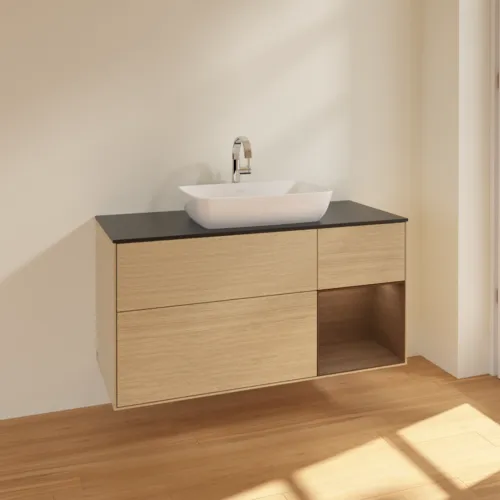 Bild von VILLEROY BOCH Finion Waschbeckenunterschrank, mit Beleuchtung, 3 Auszüge, 1200 x 603 x 501 mm, Oak Veneer / Walnut Veneer / Glass Black Matt #F832GNPC