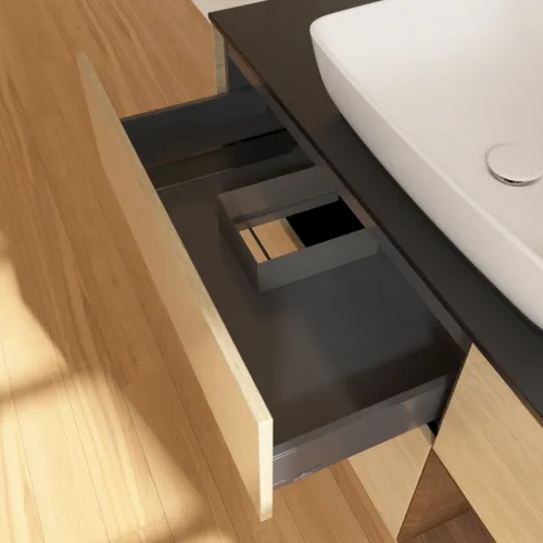 Bild von VILLEROY BOCH Finion Waschbeckenunterschrank, mit Beleuchtung, 3 Auszüge, 1200 x 603 x 501 mm, Oak Veneer / Walnut Veneer / Glass Black Matt #F832GNPC