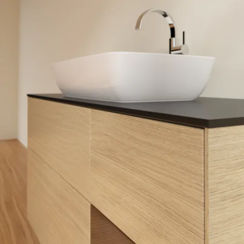 Bild von VILLEROY BOCH Finion Waschbeckenunterschrank, mit Beleuchtung, 3 Auszüge, 1200 x 603 x 501 mm, Oak Veneer / Walnut Veneer / Glass Black Matt #F832GNPC