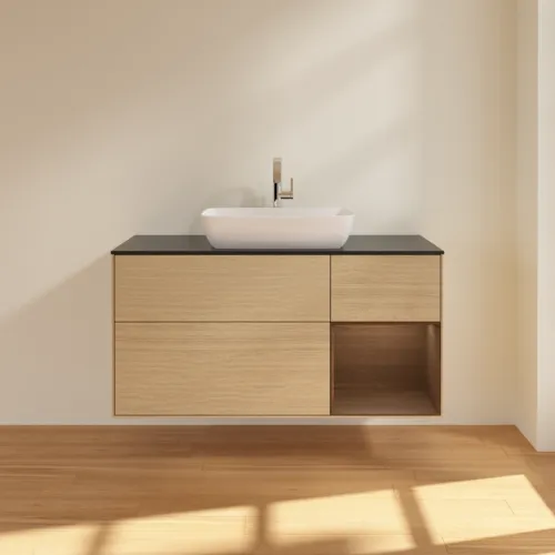 Bild von VILLEROY BOCH Finion Waschbeckenunterschrank, mit Beleuchtung, 3 Auszüge, 1200 x 603 x 501 mm, Oak Veneer / Walnut Veneer / Glass Black Matt #F832GNPC