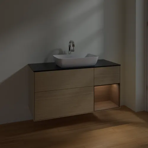 Bild von VILLEROY BOCH Finion Waschbeckenunterschrank, mit Beleuchtung, 3 Auszüge, 1200 x 603 x 501 mm, Oak Veneer / Walnut Veneer / Glass Black Matt #F832GNPC