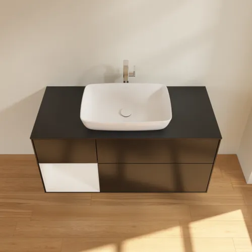 VILLEROY BOCH Finion Waschbeckenunterschrank, mit Beleuchtung, 3 Auszüge, 1200 x 603 x 501 mm, Black Matt Lacquer / Glossy White Lacquer / Glass Black Matt #F822GFPD, Bild 4