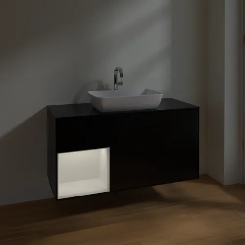 VILLEROY BOCH Finion Waschbeckenunterschrank, mit Beleuchtung, 3 Auszüge, 1200 x 603 x 501 mm, Black Matt Lacquer / Glossy White Lacquer / Glass Black Matt #F822GFPD, Bild 5