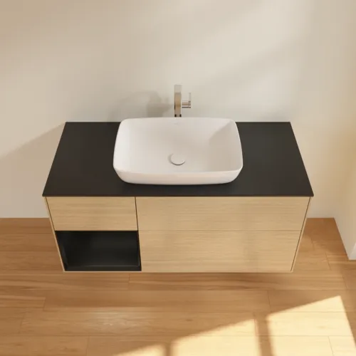 Bild von VILLEROY BOCH Finion Waschbeckenunterschrank, mit Beleuchtung, 3 Auszüge, 1200 x 603 x 501 mm, Oak Veneer / Black Matt Lacquer / Glass Black Matt #F822PDPC