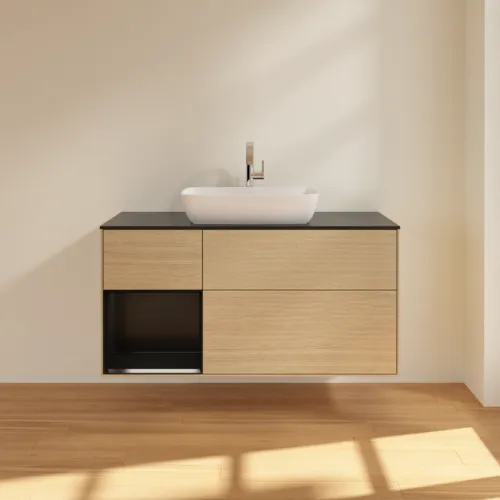 Bild von VILLEROY BOCH Finion Waschbeckenunterschrank, mit Beleuchtung, 3 Auszüge, 1200 x 603 x 501 mm, Oak Veneer / Black Matt Lacquer / Glass Black Matt #F822PDPC