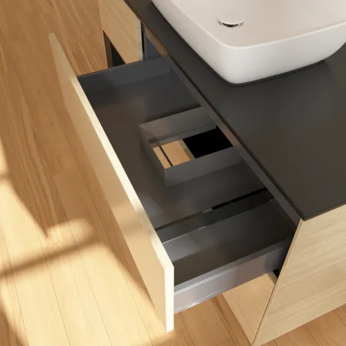 Bild von VILLEROY BOCH Finion Waschbeckenunterschrank, mit Beleuchtung, 3 Auszüge, 1200 x 603 x 501 mm, Oak Veneer / Black Matt Lacquer / Glass Black Matt #F822PDPC