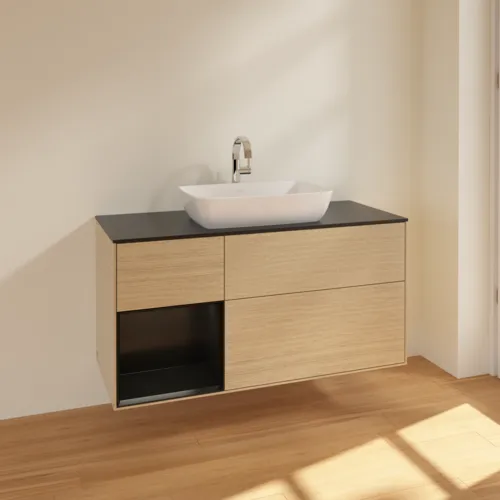 Bild von VILLEROY BOCH Finion Waschbeckenunterschrank, mit Beleuchtung, 3 Auszüge, 1200 x 603 x 501 mm, Oak Veneer / Black Matt Lacquer / Glass Black Matt #F822PDPC