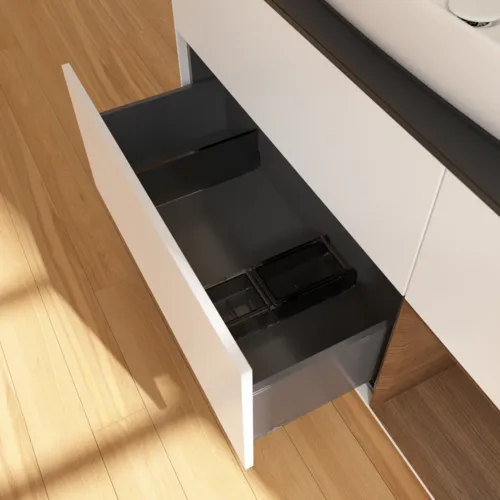 VILLEROY BOCH Finion Waschbeckenunterschrank, mit Beleuchtung, 3 Auszüge, 1200 x 603 x 501 mm, White Matt Lacquer / Walnut Veneer / Glass Black Matt #F832GNMT, Bild 7