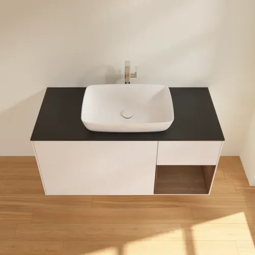 VILLEROY BOCH Finion Waschbeckenunterschrank, mit Beleuchtung, 3 Auszüge, 1200 x 603 x 501 mm, White Matt Lacquer / Walnut Veneer / Glass Black Matt #F832GNMT, Bild 4