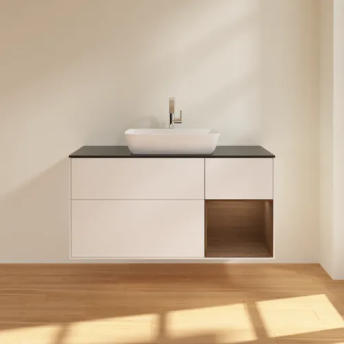 VILLEROY BOCH Finion Waschbeckenunterschrank, mit Beleuchtung, 3 Auszüge, 1200 x 603 x 501 mm, White Matt Lacquer / Walnut Veneer / Glass Black Matt #F832GNMT, Bild 3