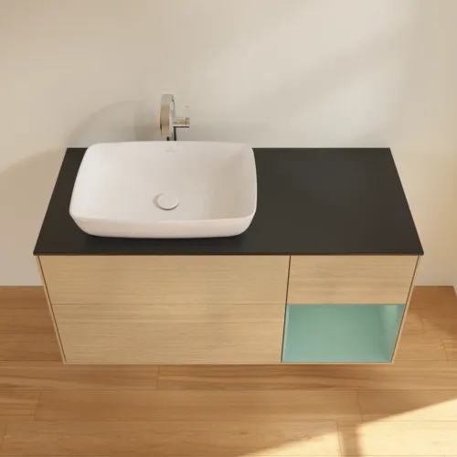Bild von VILLEROY BOCH Finion Waschbeckenunterschrank, mit Beleuchtung, 3 Auszüge, 1200 x 603 x 501 mm, Oak Veneer / Olive Matt Lacquer / Glass Black Matt #F812GMPC