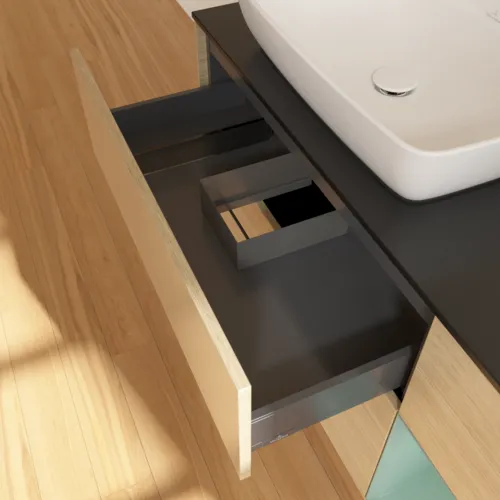 Bild von VILLEROY BOCH Finion Waschbeckenunterschrank, mit Beleuchtung, 3 Auszüge, 1200 x 603 x 501 mm, Oak Veneer / Olive Matt Lacquer / Glass Black Matt #F812GMPC