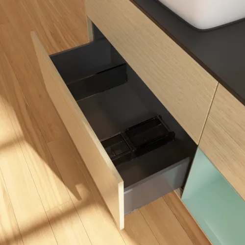 Bild von VILLEROY BOCH Finion Waschbeckenunterschrank, mit Beleuchtung, 3 Auszüge, 1200 x 603 x 501 mm, Oak Veneer / Olive Matt Lacquer / Glass Black Matt #F812GMPC