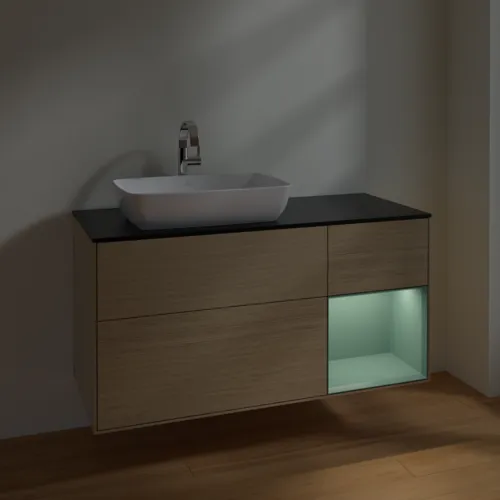 Bild von VILLEROY BOCH Finion Waschbeckenunterschrank, mit Beleuchtung, 3 Auszüge, 1200 x 603 x 501 mm, Oak Veneer / Olive Matt Lacquer / Glass Black Matt #F812GMPC