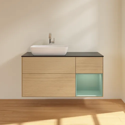 Bild von VILLEROY BOCH Finion Waschbeckenunterschrank, mit Beleuchtung, 3 Auszüge, 1200 x 603 x 501 mm, Oak Veneer / Olive Matt Lacquer / Glass Black Matt #F812GMPC