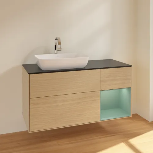 Bild von VILLEROY BOCH Finion Waschbeckenunterschrank, mit Beleuchtung, 3 Auszüge, 1200 x 603 x 501 mm, Oak Veneer / Olive Matt Lacquer / Glass Black Matt #F812GMPC