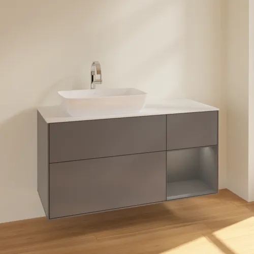 Obrázek VILLEROY BOCH Toaletní skříňka Finion, s osvětlením, 3 výsuvy, 1200 x 603 x 501 mm, antracit matný lak / antracit matný lak / sklo bílé matné #F811GKGK