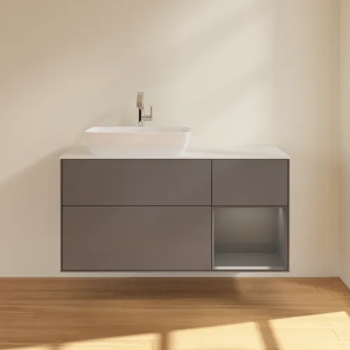 Obrázek VILLEROY BOCH Toaletní skříňka Finion, s osvětlením, 3 výsuvy, 1200 x 603 x 501 mm, antracit matný lak / antracit matný lak / sklo bílé matné #F811GKGK