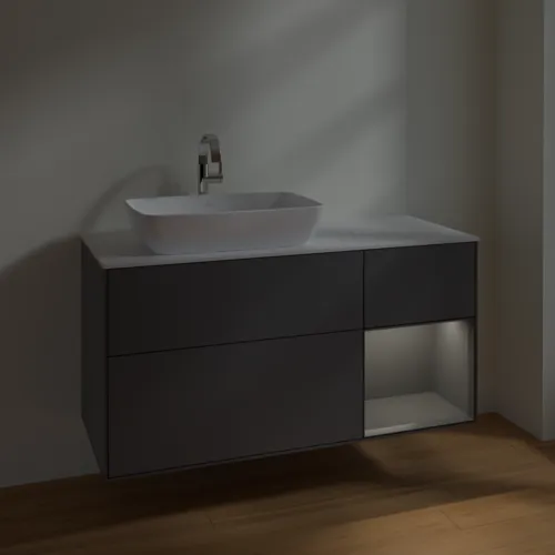 Obrázek VILLEROY BOCH Toaletní skříňka Finion, s osvětlením, 3 výsuvy, 1200 x 603 x 501 mm, antracit matný lak / antracit matný lak / sklo bílé matné #F811GKGK