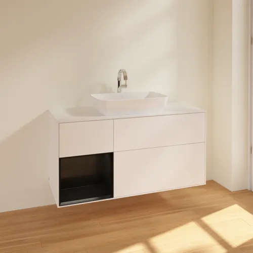 VILLEROY BOCH Finion Waschbeckenunterschrank, mit Beleuchtung, 3 Auszüge, 1200 x 603 x 501 mm, White Matt Lacquer / Black Matt Lacquer / Glass White Matt #F821PDMT, Bild 2