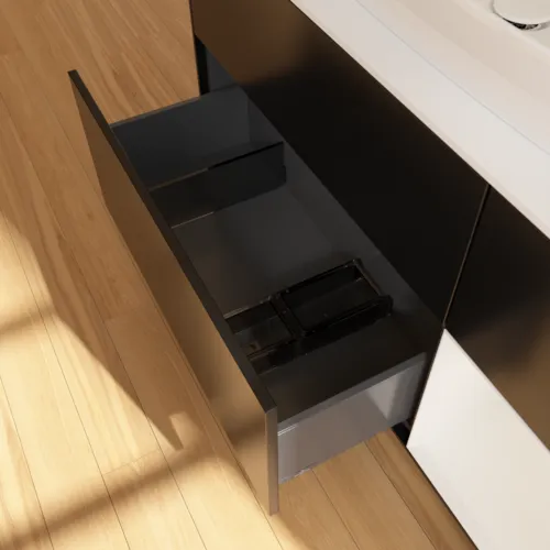 Bild von VILLEROY BOCH Finion Waschbeckenunterschrank, mit Beleuchtung, 3 Auszüge, 1200 x 603 x 501 mm, Black Matt Lacquer / Glossy White Lacquer / Glass White Matt #F831GFPD