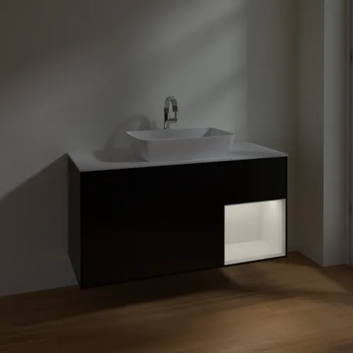 Bild von VILLEROY BOCH Finion Waschbeckenunterschrank, mit Beleuchtung, 3 Auszüge, 1200 x 603 x 501 mm, Black Matt Lacquer / Glossy White Lacquer / Glass White Matt #F831GFPD