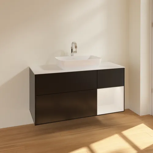 Bild von VILLEROY BOCH Finion Waschbeckenunterschrank, mit Beleuchtung, 3 Auszüge, 1200 x 603 x 501 mm, Black Matt Lacquer / Glossy White Lacquer / Glass White Matt #F831GFPD